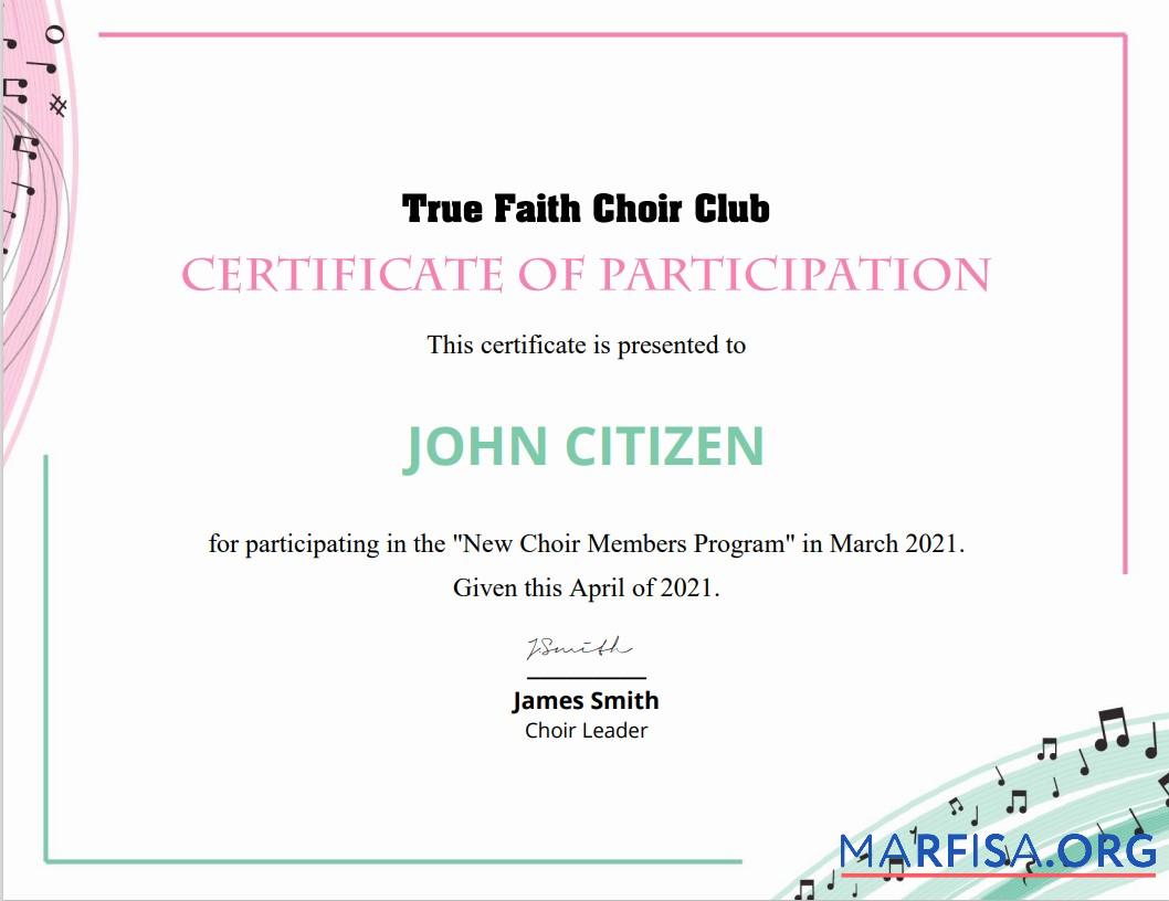 Printable USA Choir Certificate of Participation download for verification